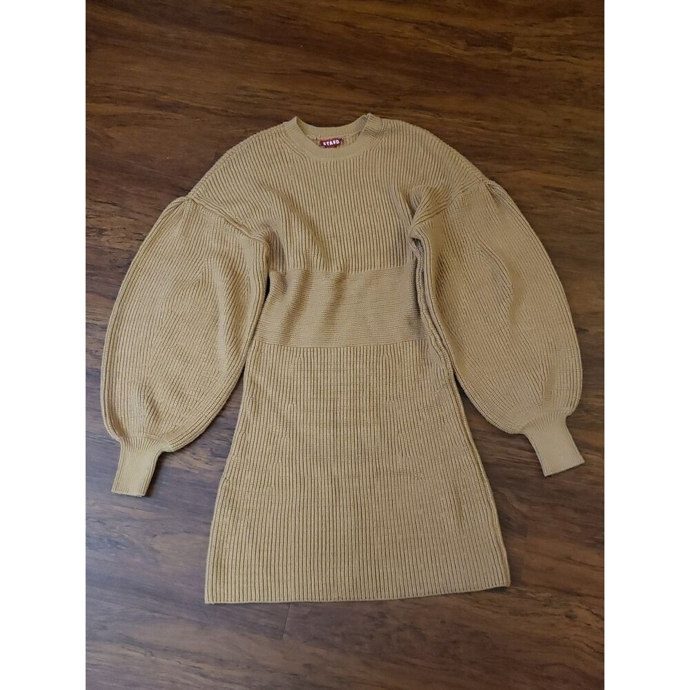 STAUD Camel Marylebone Ribbed Knit Sweater Dress Size XL Chic Feminine Cozy - Picture 2 of 8